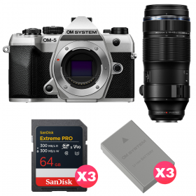 OM SYSTEM OM-5 Mark II Plata + 100-400mm F5.0-6.3 IS II + 3 SanDisk 64GB Extreme PRO UHS-II SDXC + 3 OM System BLS-50-1