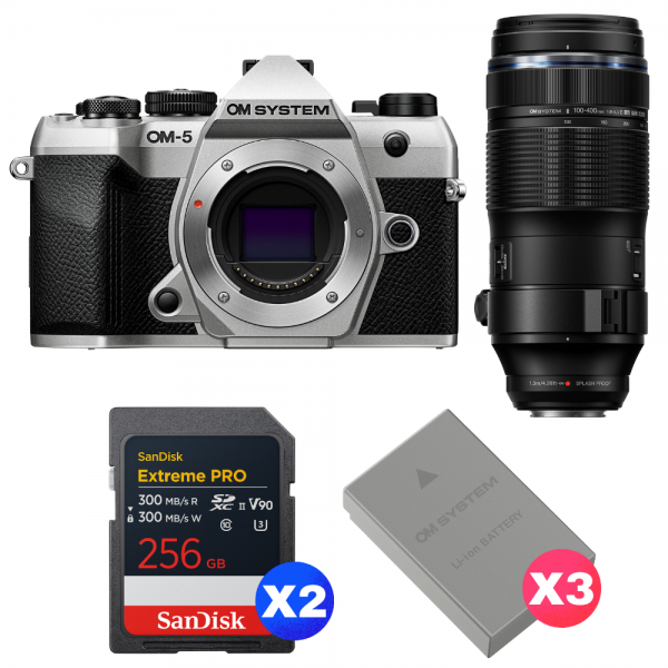 OM SYSTEM OM-5 Mark II Silver + 100-400mm F5.0-6.3 IS II + 2 SanDisk 256GB Extreme PRO UHS-II SDXC + 3 OM System BLS-50-1