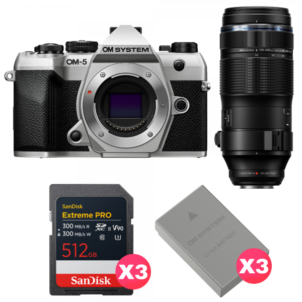 OM SYSTEM OM-5 Mark II Plata + 100-400mm F5.0-6.3 IS II + 3 SanDisk 512GB Extreme PRO UHS-II SDXC + 3 OM System BLS-50-1