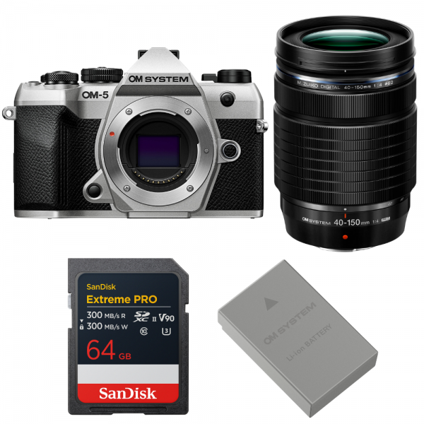 OM SYSTEM OM-5 Mark II Plata + 40-150mm f/4 PRO + 1 SanDisk 64GB Extreme PRO UHS-II SDXC + OM System BLS-50-1