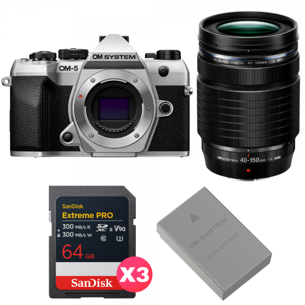 OM SYSTEM OM-5 Mark II Plata + 40-150mm f/4 PRO + 3 SanDisk 64GB Extreme PRO UHS-II SDXC + OM System BLS-50-1