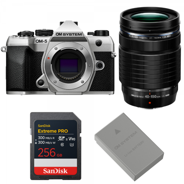 OM SYSTEM OM-5 Mark II Plata + 40-150mm f/4 PRO + 1 SanDisk 256GB Extreme PRO UHS-II SDXC + OM System BLS-50-1