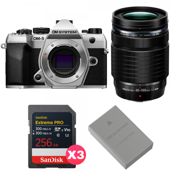 OM SYSTEM OM-5 Mark II Silver + 40-150mm f/4 PRO + 3 SanDisk 256GB Extreme PRO UHS-II SDXC + OM System BLS-50-1