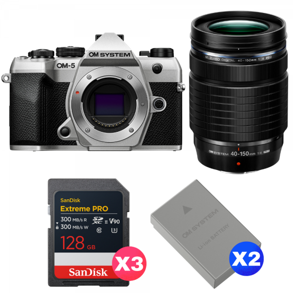OM SYSTEM OM-5 Mark II Plata + 40-150mm f/4 PRO + 3 SanDisk 128GB Extreme PRO UHS-II SDXC + 2 OM System BLS-50-1