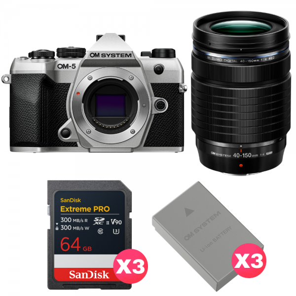 OM SYSTEM OM-5 Mark II Plata + 40-150mm f/4 PRO + 3 SanDisk 64GB Extreme PRO UHS-II SDXC + 3 OM System BLS-50-1