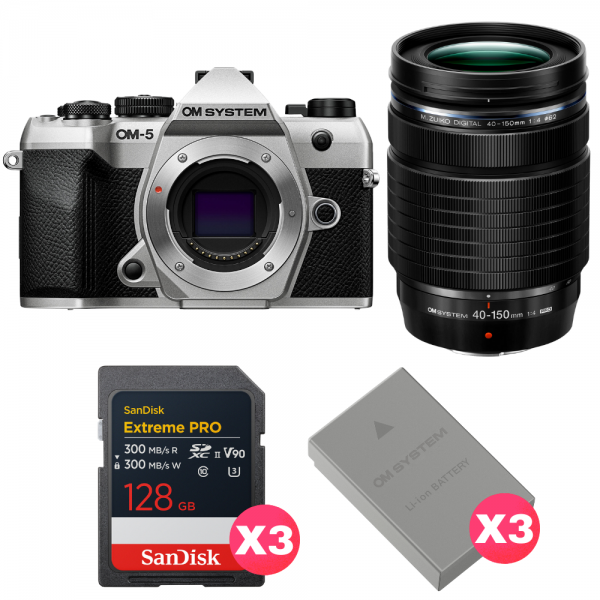 OM SYSTEM OM-5 Mark II Plata + 40-150mm f/4 PRO + 3 SanDisk 128GB Extreme PRO UHS-II SDXC + 3 OM System BLS-50-1