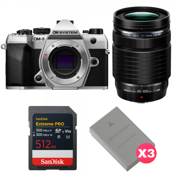 OM SYSTEM OM-5 Mark II Plata + 40-150mm f/4 PRO + 1 SanDisk 512GB Extreme PRO UHS-II SDXC + 3 OM System BLS-50-1