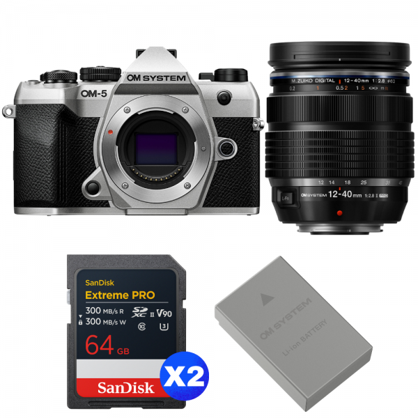 OM SYSTEM OM-5 Mark II Plata + 12-40mm f/2.8 PRO II + 2 SanDisk 64GB Extreme PRO UHS-II SDXC + OM System BLS-50-1