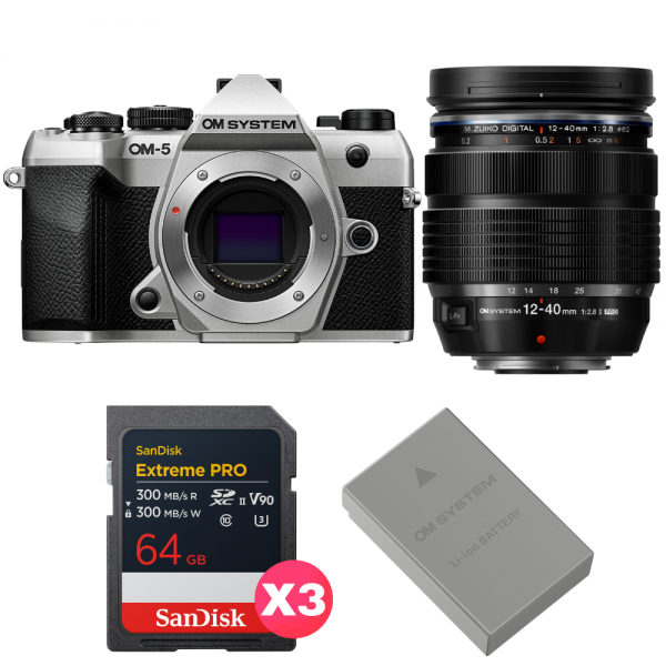 OM SYSTEM OM-5 Mark II Silver + 12-40mm f/2.8 PRO II + 3 SanDisk 64GB Extreme PRO UHS-II SDXC + OM System BLS-50-1