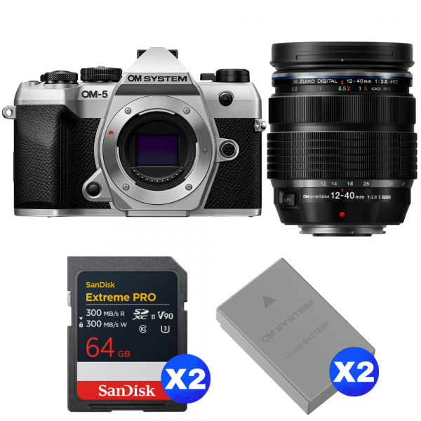 OM SYSTEM OM-5 Mark II Plata + 12-40mm f/2.8 PRO II + 2 SanDisk 64GB Extreme PRO UHS-II SDXC + 2 OM System BLS-50-1