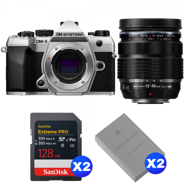 OM SYSTEM OM-5 Mark II Silver + 12-40mm f/2.8 PRO II + 2 SanDisk 128GB Extreme PRO UHS-II SDXC + 2 OM System BLS-50-1