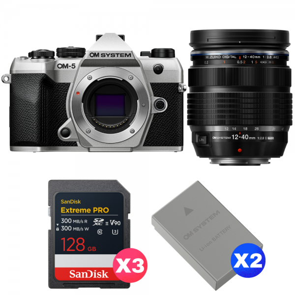 OM SYSTEM OM-5 Mark II Plata + 12-40mm f/2.8 PRO II + 3 SanDisk 128GB Extreme PRO UHS-II SDXC + 2 OM System BLS-50-1