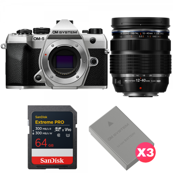 OM SYSTEM OM-5 Mark II Plata + 12-40mm f/2.8 PRO II + 1 SanDisk 64GB Extreme PRO UHS-II SDXC + 3 OM System BLS-50-1