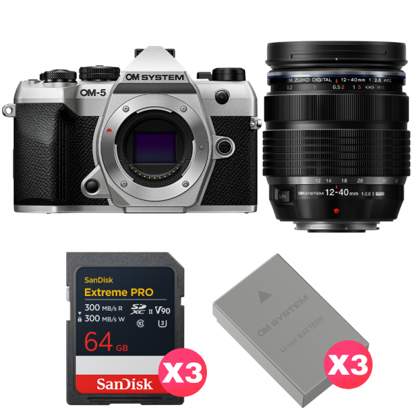 OM SYSTEM OM-5 Mark II Silver + 12-40mm f/2.8 PRO II + 3 SanDisk 64GB Extreme PRO UHS-II SDXC + 3 OM System BLS-50-1
