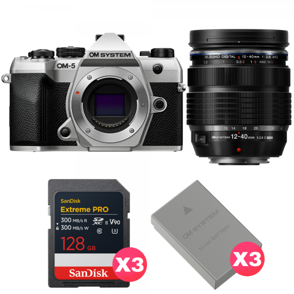 OM SYSTEM OM-5 Mark II Silver + 12-40mm f/2.8 PRO II + 3 SanDisk 128GB Extreme PRO UHS-II SDXC + 3 OM System BLS-50-1