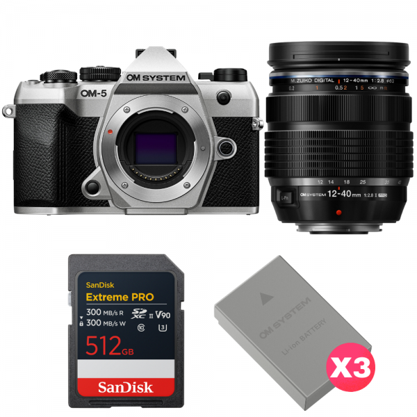 OM SYSTEM OM-5 Mark II Silver + 12-40mm f/2.8 PRO II + 1 SanDisk 512GB Extreme PRO UHS-II SDXC + 3 OM System BLS-50-1