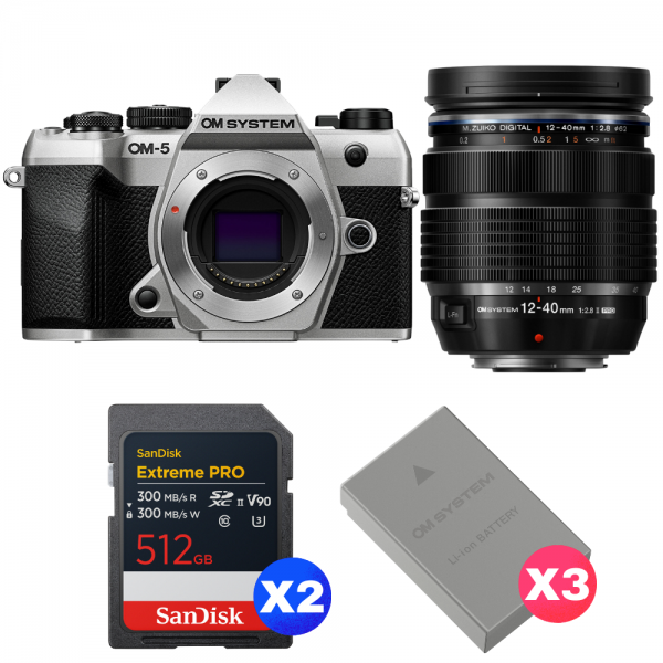 OM SYSTEM OM-5 Mark II Silver + 12-40mm f/2.8 PRO II + 2 SanDisk 512GB Extreme PRO UHS-II SDXC + 3 OM System BLS-50-1