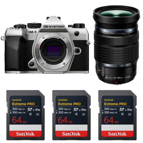 OM SYSTEM OM-5 Mark II Silver + 12-100mm f/4 IS PRO + 3 SanDisk 64GB Extreme PRO UHS-II SDXC-1