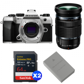 OM SYSTEM OM-5 Mark II Plata + 12-100mm f/4 IS PRO + 2 SanDisk 64GB Extreme PRO UHS-II SDXC + OM System BLS-50-1