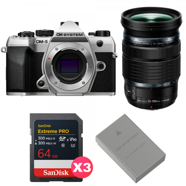 OM SYSTEM OM-5 Mark II Plata + 12-100mm f/4 IS PRO + 3 SanDisk 64GB Extreme PRO UHS-II SDXC + OM System BLS-50-1