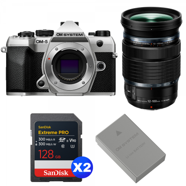 OM SYSTEM OM-5 Mark II Plata + 12-100mm f/4 IS PRO + 2 SanDisk 128GB Extreme PRO UHS-II SDXC + OM System BLS-50-1