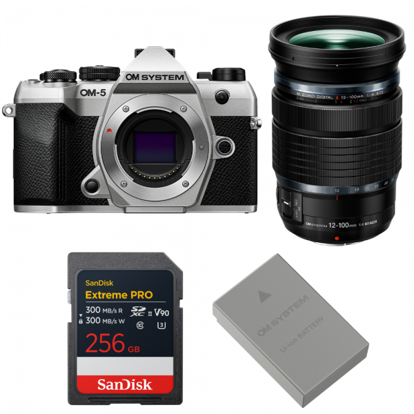 OM SYSTEM OM-5 Mark II Plata + 12-100mm f/4 IS PRO + 1 SanDisk 256GB Extreme PRO UHS-II SDXC + OM System BLS-50-1