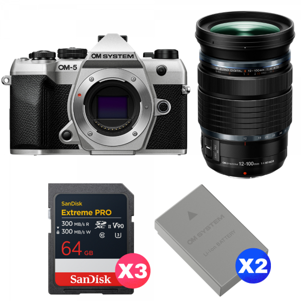 OM SYSTEM OM-5 Mark II Plata + 12-100mm f/4 IS PRO + 3 SanDisk 64GB Extreme PRO UHS-II SDXC + 2 OM System BLS-50-1