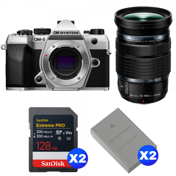 OM SYSTEM OM-5 Mark II Plata + 12-100mm f/4 IS PRO + 2 SanDisk 128GB Extreme PRO UHS-II SDXC + 2 OM System BLS-50-1