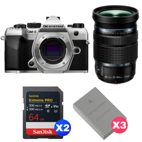 OM SYSTEM OM-5 Mark II Plata + 12-100mm f/4 IS PRO + 2 SanDisk 64GB Extreme PRO UHS-II SDXC + 3 OM System BLS-50-1