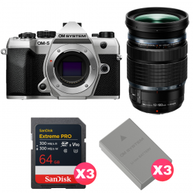 OM SYSTEM OM-5 Mark II Silver + 12-100mm f/4 IS PRO + 3 SanDisk 64GB Extreme PRO UHS-II SDXC + 3 OM System BLS-50-1