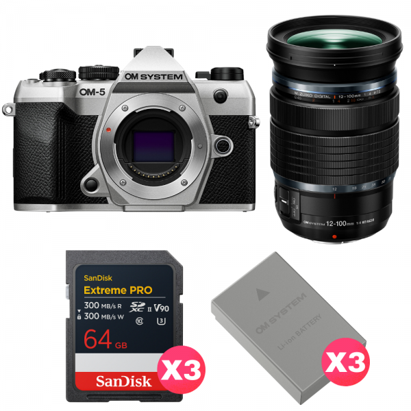 OM SYSTEM OM-5 Mark II Silver + 12-100mm f/4 IS PRO + 3 SanDisk 64GB Extreme PRO UHS-II SDXC + 3 OM System BLS-50-1