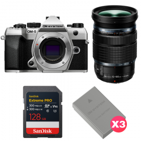 OM SYSTEM OM-5 Mark II Plata + 12-100mm f/4 IS PRO + 1 SanDisk 128GB Extreme PRO UHS-II SDXC + 3 OM System BLS-50-1