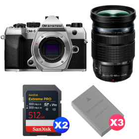 OM SYSTEM OM-5 Mark II Plata + 12-100mm f/4 IS PRO + 2 SanDisk 512GB Extreme PRO UHS-II SDXC + 3 OM System BLS-50-1