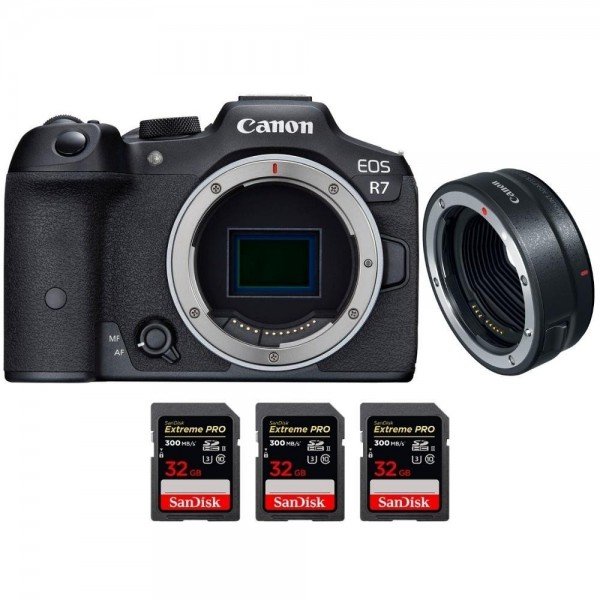Canon EOS R7 + EF-EOS R + 3 SanDisk 32GB Extreme PRO UHS-II SDXC 300 MB/s - Camara mirrorless-1