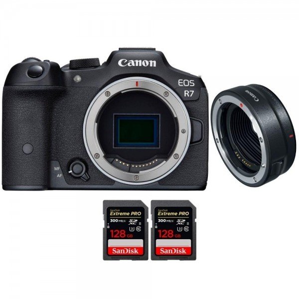 Canon EOS R7 + EF-EOS R + 2 SanDisk 128GB Extreme PRO UHS-II SDXC 300 MB/s - Camara mirrorless-1