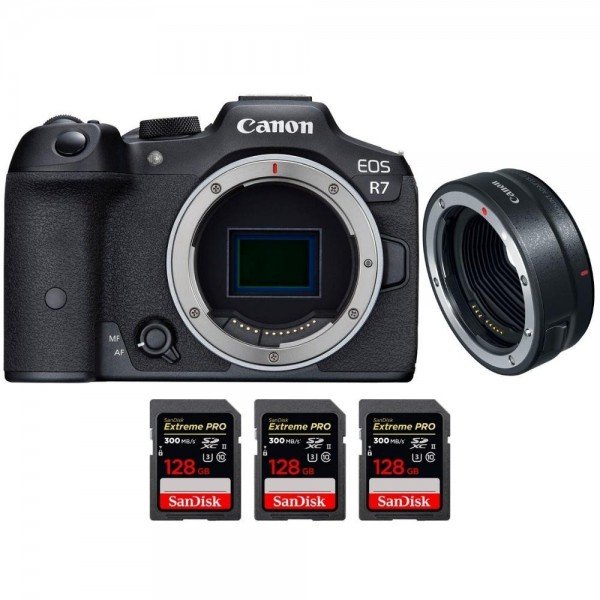 Canon EOS R7 + EF-EOS R + 3 SanDisk 128GB Extreme PRO UHS-II SDXC 300 MB/s - Camara mirrorless-1