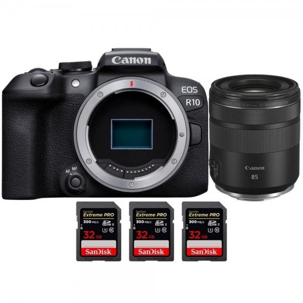 Canon EOS R10 + RF 85mm F2 Macro IS STM + 3 SanDisk 32GB Extreme PRO UHS-II SDXC 300 MB/s - Camara evil APS-C-1