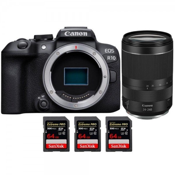 Canon EOS R10 + RF 24-240mm F4-6.3 IS USM + 3 SanDisk 64GB Extreme PRO UHS-II SDXC 300 MB/s - Camara evil APS-C-1