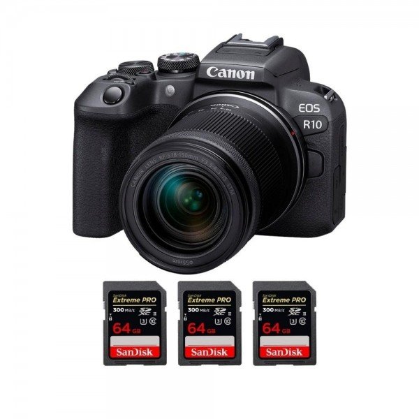 Canon EOS R10 + RF-S 18-150mm F4.5-6.3 IS STM + 3 SanDisk 64GB Extreme PRO UHS-II SDXC 300 MB/s APS-C-1