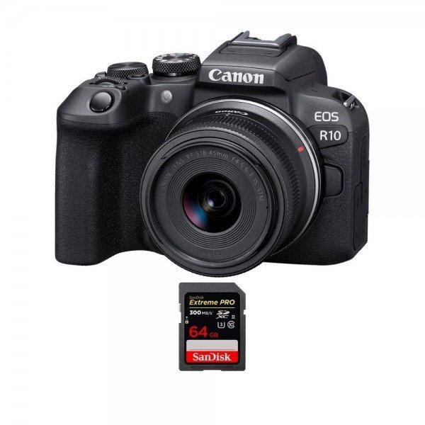 Canon EOS R10 + RF-S 18-45mm F4.5-6.3 IS STM + 1 SanDisk 64GB Extreme PRO UHS-II SDXC 300 MB/s APS-C-1