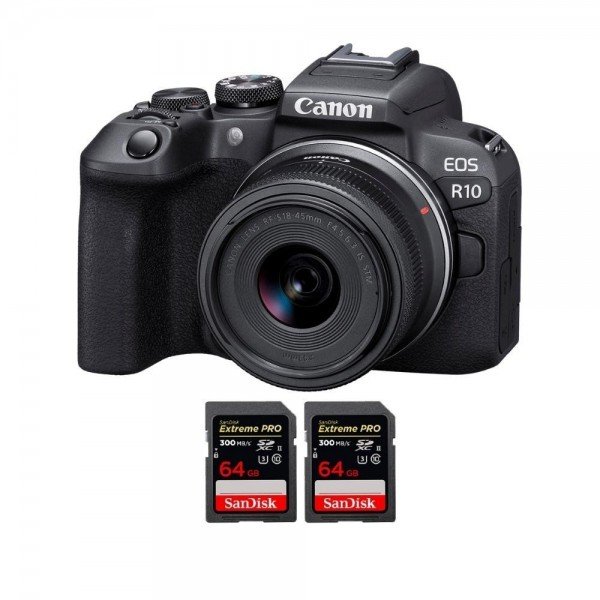 Canon EOS R10 + RF-S 18-45mm F4.5-6.3 IS STM + 2 SanDisk 64GB Extreme PRO UHS-II SDXC 300 MB/s - Camara evil APS-C-1