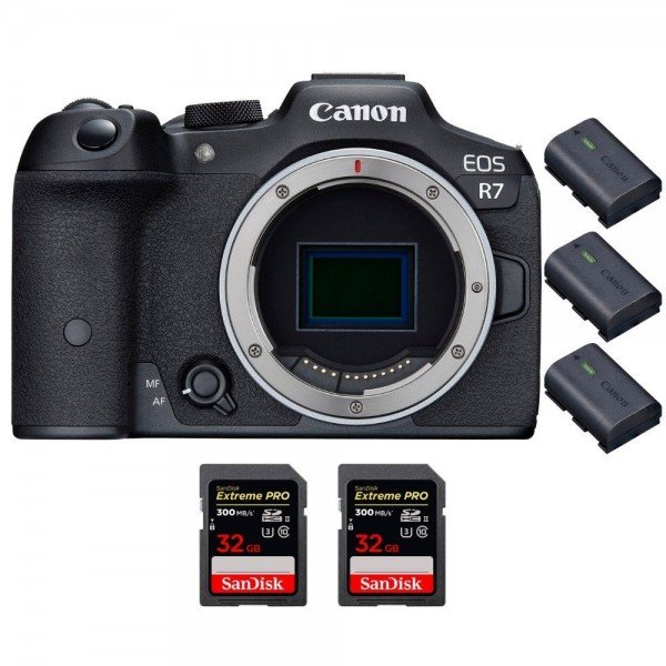 Canon EOS R7 + 2 SanDisk 32GB Extreme PRO UHS-II SDXC 300 MB/s + 3 Canon LP-E6NH - Camara mirrorless-1