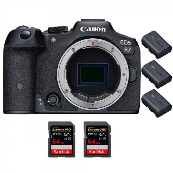Canon EOS R7 + 2 SanDisk 64GB Extreme PRO UHS-II SDXC 300 MB/s + 3 Canon LP-E6NH - Camara mirrorless-1
