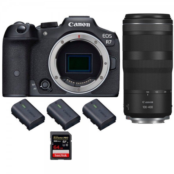 Canon EOS R7 + RF 100-400mm IS + 1 SanDisk 64GB Extreme PRO UHS-II SDXC 300 MB/s + 3 Canon LP-E6NH - Camara mirrorless-1