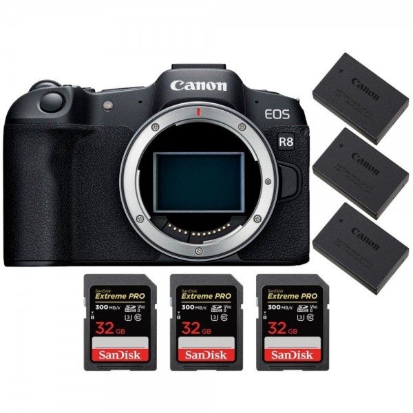 Canon EOS R8 + 3 SanDisk 32GB Extreme PRO UHS-II SDXC 300 MB/s + 3 Canon LP-E17-1
