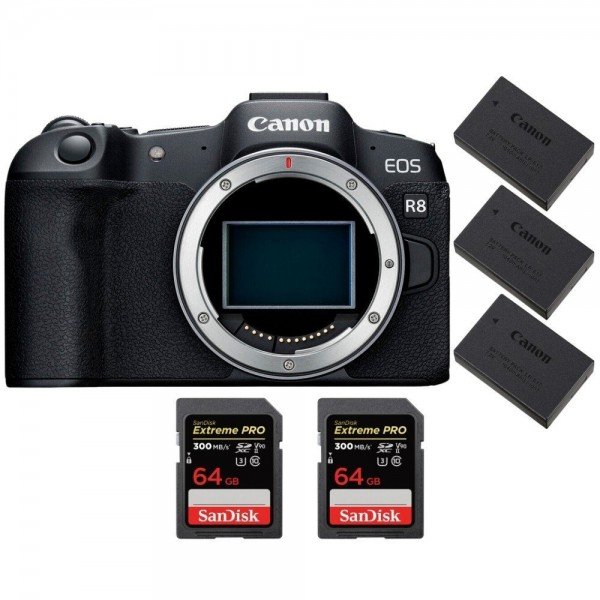 Canon EOS R8 + 2 SanDisk 64GB Extreme PRO UHS-II SDXC 300 MB/s + 3 Canon LP-E17-1