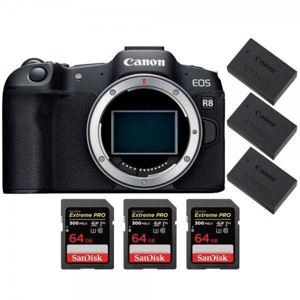Canon EOS R8 + 3 SanDisk 64GB Extreme PRO UHS-II SDXC 300 MB/s + 3 Canon LP-E17-1