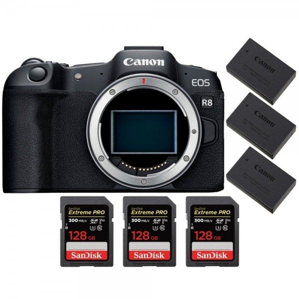 Canon EOS R8 + 3 SanDisk 128GB Extreme PRO UHS-II SDXC 300 MB/s + 3 Canon LP-E17-1