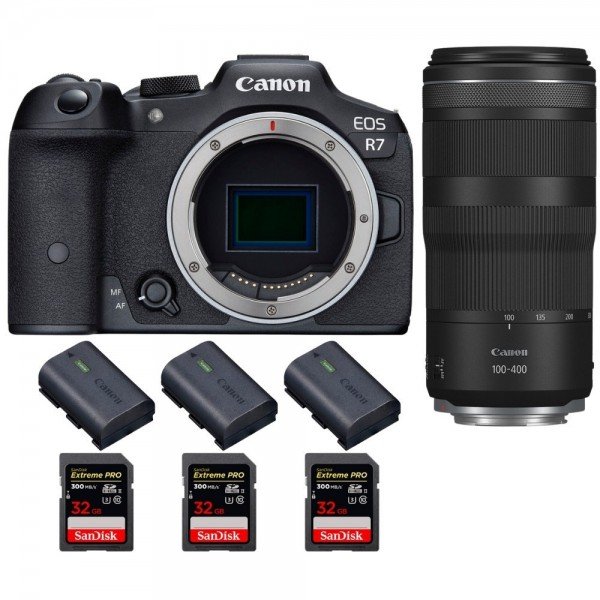 Canon EOS R7 + RF 100-400mm IS + 3 SanDisk 32GB Extreme PRO UHS-II SDXC 300 MB/s + 3 Canon LP-E6NH-2
