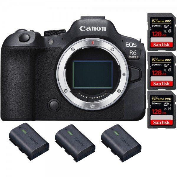 Canon EOS R6 Mark II + 3 SanDisk 128GB Extreme PRO UHS-II 300 MB/s + 3 Canon LP-E6NH-2